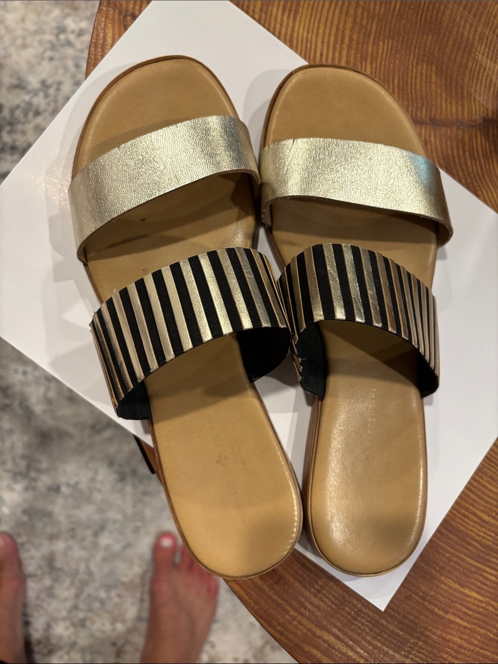 Mercanti Fiorentini Metallic Gold and Black Striped Double-Band Slide Sandals 8